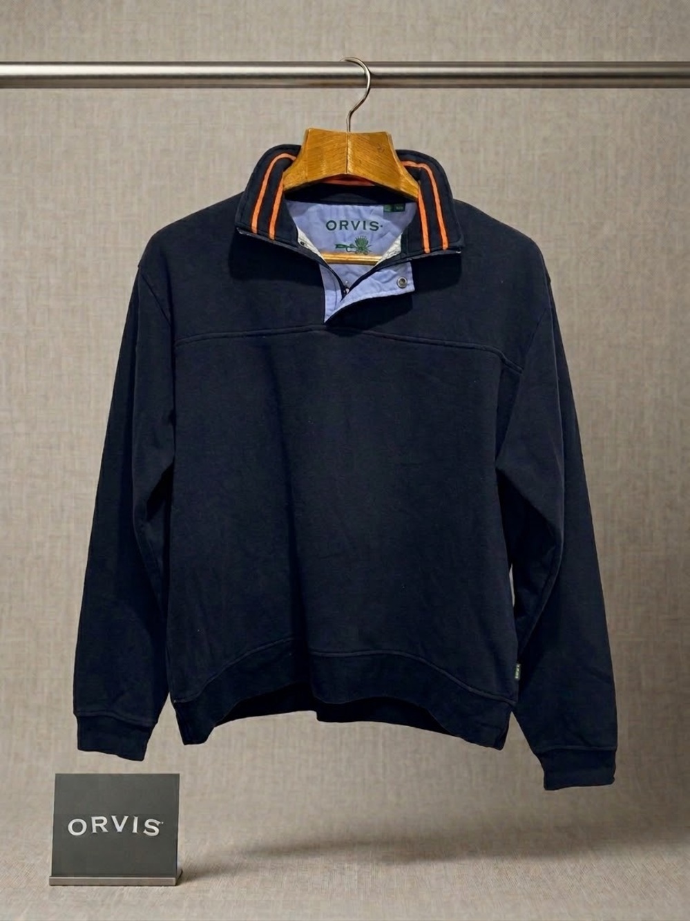 Orvis Men’s Navy Zip-Style Sweatshirt with Orange Trim Collar